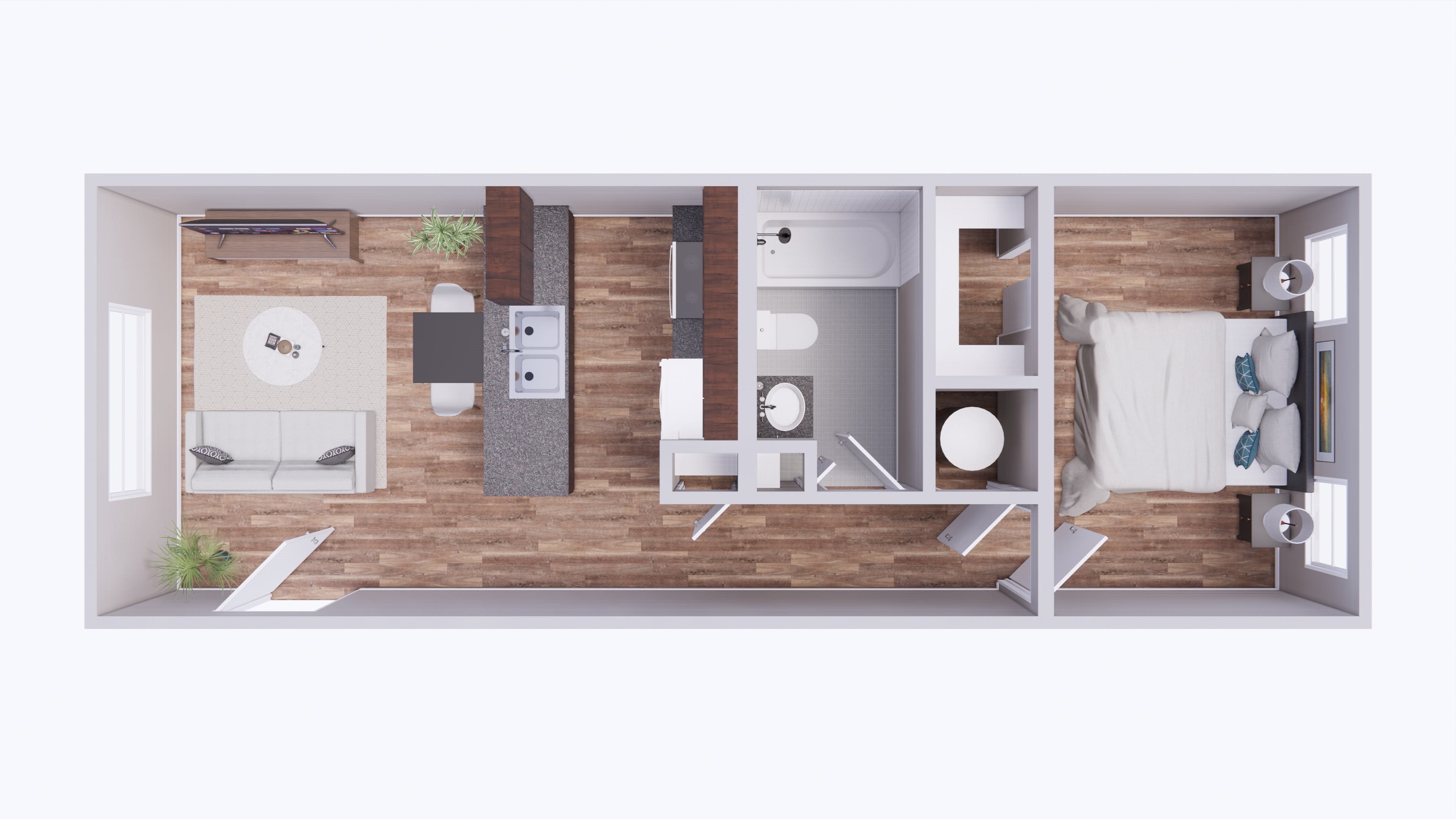 A 3D floor plan of a small apartment with a kitchen, living room, and bathroom.